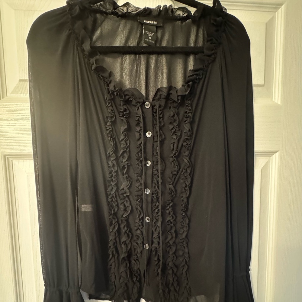 Y2K Express Black Ruffle-Front Button Down Blouse